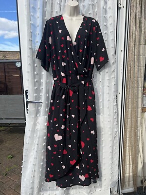 NEW LOOK Curves Black Red Heart Print Wrap Angel Sleeve Midi Dress sz 20  BNWT UK