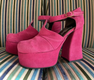 Vintage Platform Heels, SHELLYS, 1990'S does 1970's, Pink Suede