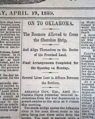 OKLAHOMA LAND RUSH Run Sooners Boomers Cherokee Strip Beginning 1889 Newspaper