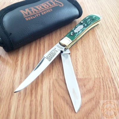 Marbles Trapper Pocket Knife Stainless Steel Blades Green Stag Bone Handle 189