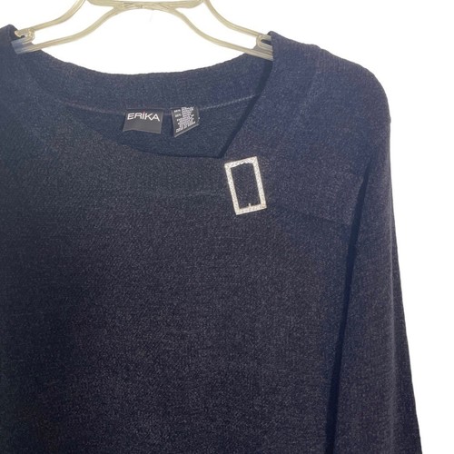 ERIKA Luxurious Black Chenille Sweater Women's XL Rhinestone Brooch Neckline EUC - Picture 24 of 24