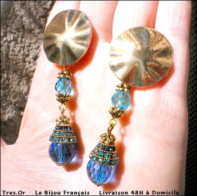 Boucles d'Oreille CRISTAL BLEU & TURQUOISE STRASSÉ BIJOU NEUF LIVRÉ 48H DOMICILE - Photo 1/4