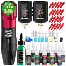 Wireless Tattoo Gun Kit with 2x1600mAh Battery LED Display Needles Set