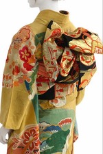 Furisode Kimono Set with Obi, Zori, Bag for Coming of Age Ceremony Yellow Floral