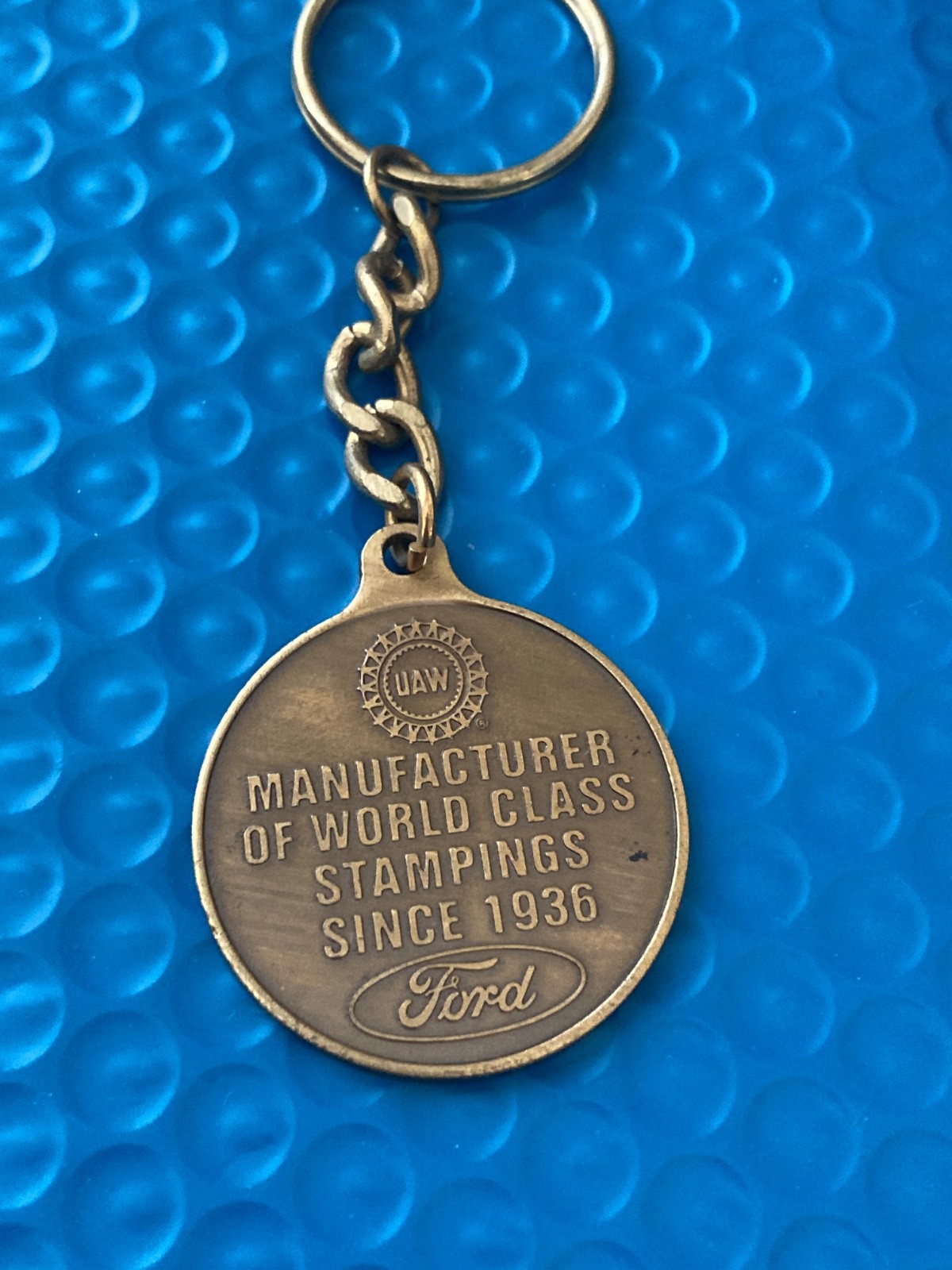 Vintage Ford Racing UAW United Auto Workers Brass Keychain