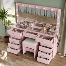 Makeup Vanity with Charging Station, Vanity Desk with 11 Drawers, 13 LED, Pink