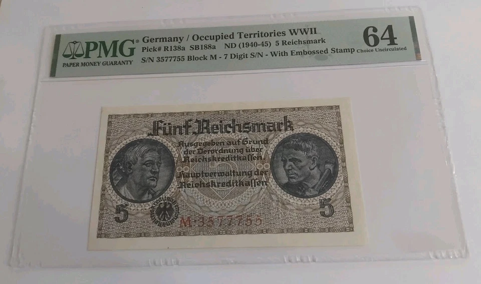 German WW2 PMG 64 Choice Uncirculated 5 Reichsmark Banknote - image 3 of 4