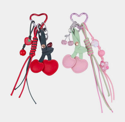 Cherry Heart Charm Key Chain Detachable Faux Leather Beaded Tassel, Red Pink