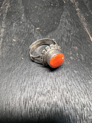 Vintage Tibetan Coral Ring: 925 Sterling Silver Adjustable Boho Jewelry
