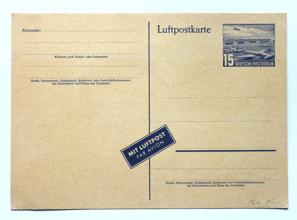 Ganzsache Luftpostkarte PK Berlin 1953 Michel P 16 ** - Bild 1 von 1