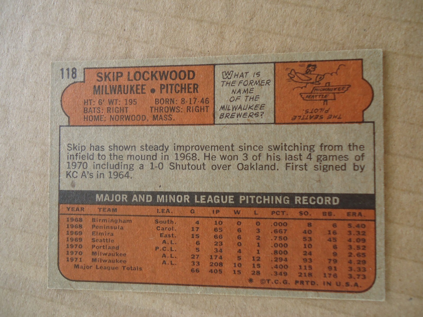Skip Lockwood 1972 Topps Autographed Baseball card 118 Brewers P