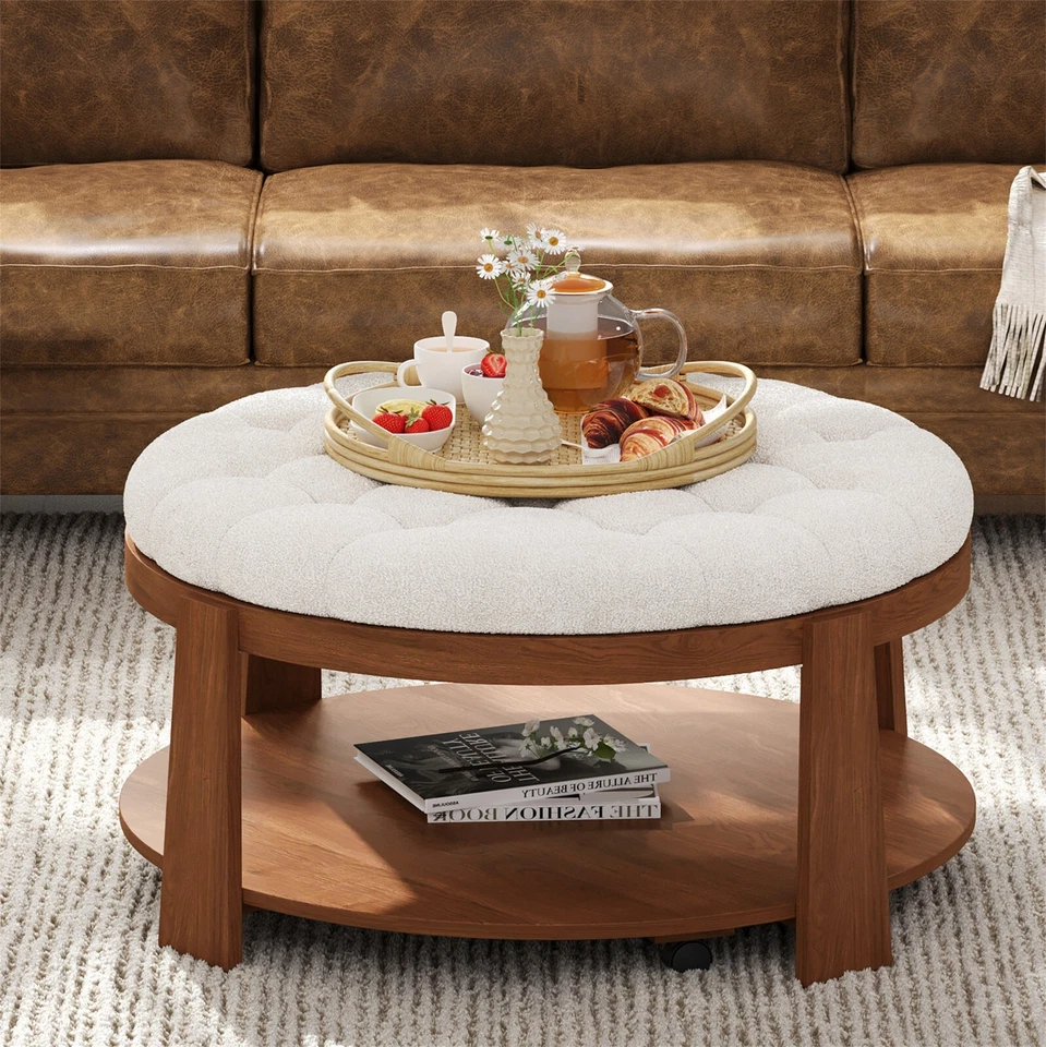 Oversized Button Tufted Wheels Modern Ottoman Round Ottoman Coffee Table 2-Tier - Image 4 of 4