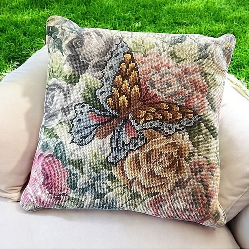 Handmade Needle Point Floral Butterfly Accent Pillow 16” x 16” - Picture 9 of 9