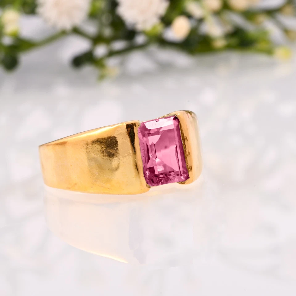 14K Solid Yellow Gold Men's Ring, Natural Pink Tourmaline Faceted Gemstone Ring. - Image 2 of 3