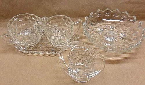 5 pcs. FOSTORIA AMERICAN CUBED DESIGN - CREAM SUGAR & TRAY - DISH BOWL - TOP HAT