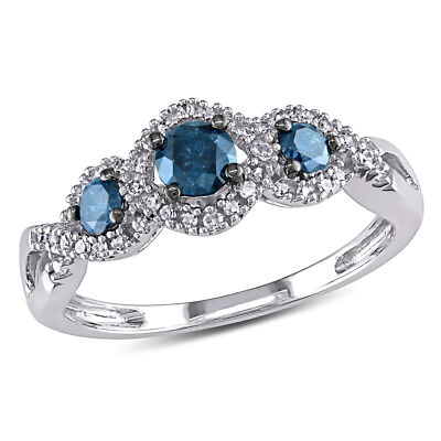Amour 14k White Gold 1/2 CT Blue and White Diamond TW 3 Stone Ring