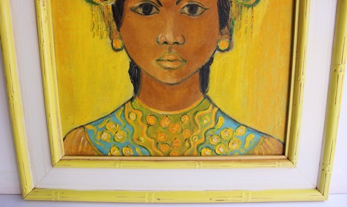 VINTAGE 1971 OIL PAINTING WOOD PANEL SIGNED BEAUTY BALINESE WOMAN W/ HEADDRESS - Picture 11 of 14