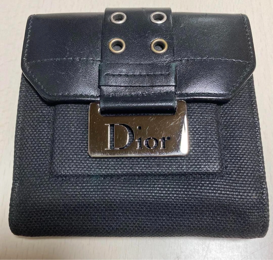 Authentique portefeuille pliant Christian Dior noir vintage logo plaque 10 x 10 cm