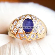 Blue Sapphire Oval Cut With 925 Sterling Silver Gold Plated Ring For Men #A231 *