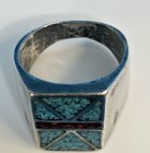 Old Pawn Sterling Silver SIZE 9 Vintage Turquoise Coral Inlay Tribal Ring  — photo 6