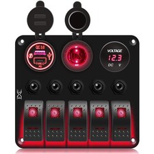 Waterproof Boat Rocker Switch Panel 5 Gang with USB, Type-C, Lighter  Voltmeter