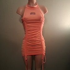 Fashion Nova Bodycon Mini Dress Peach Ruched Drawstring Embroidered Size L