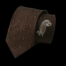 60s Vintage Silk Necktie Silver Gold Embroidered Plume Mod Skinny Feather Print