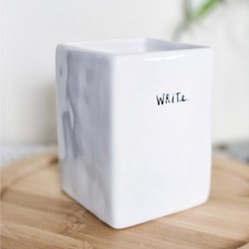 Rae Dunn WRITE White Ceramic Pencil Holder Square Desk Organizer
