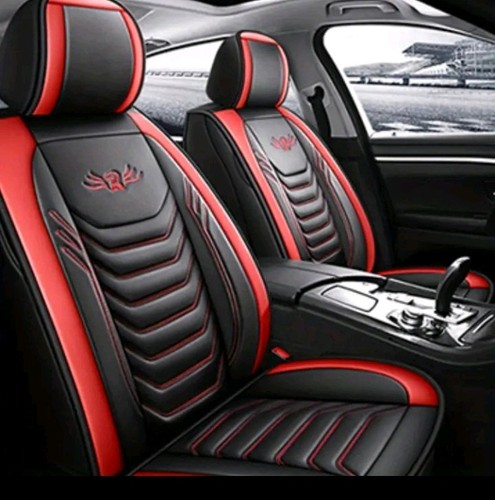 Deluxe Front &:Rear Red & Black Faux Leather Car Seat Covers with Headrest Cover - Picture 2 of 4