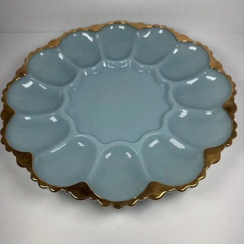 Vintage Anchor Hocking Blue Milk Glass Deviled Egg Plate Gold Trim 9.75”