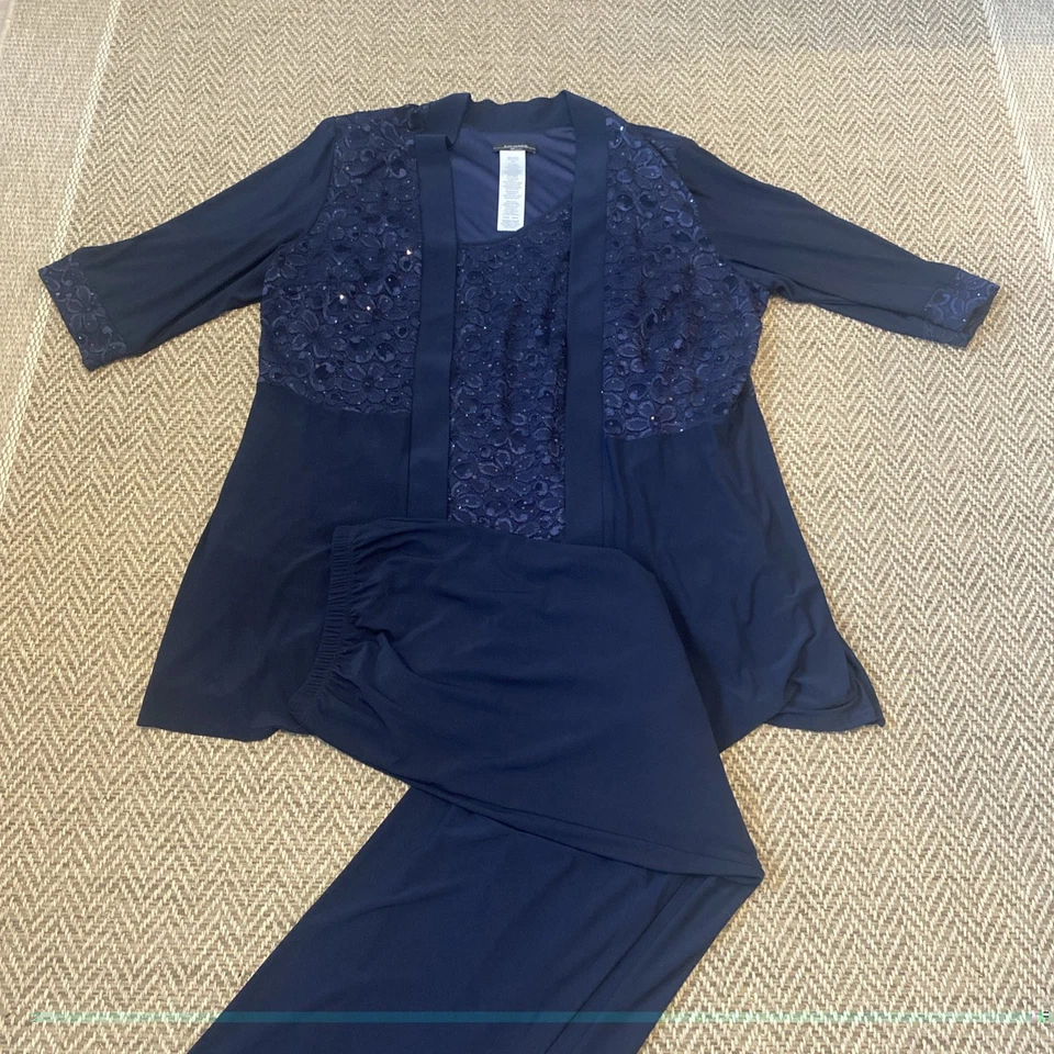 Traje pantalón azul lentejuelas talla grande R&M Richards para mujer - 2 piezas traje de novia 22W Foto 2 de 4