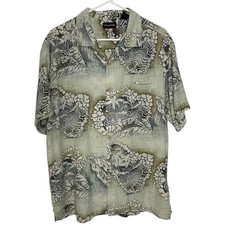 Ocean Pacific XL Green Silk Hawaiian Shirt Tropical Palm Print Short Sleeve Surf