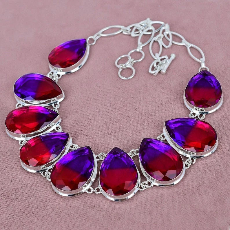 Collar de joyería de plata de ley 925 hecho a mano con piedras preciosas de turmalina bicolor 18" Foto 3 de 4