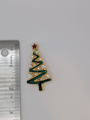Lianna LIA Christmas Tree Pin Gold Tone Green Enamel Red Star Vintage Signed - Picture 2 of 4