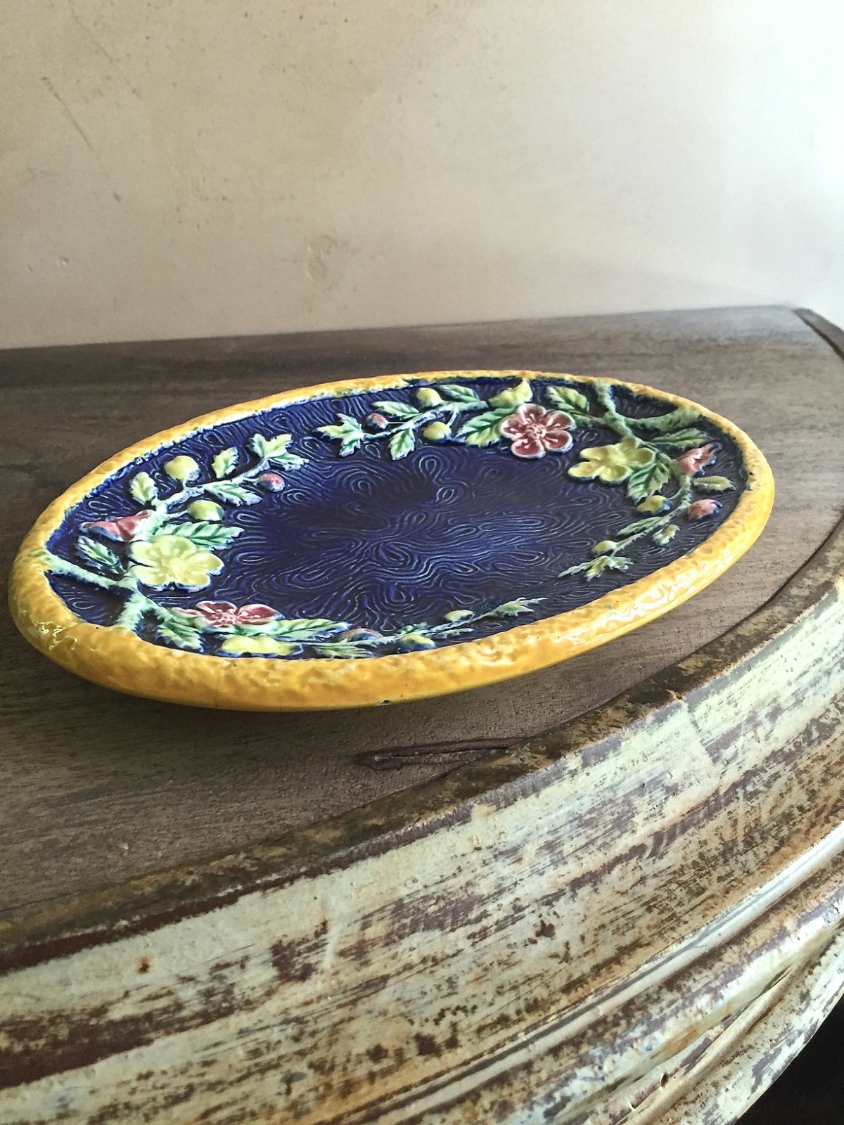 Antique Majolica Oval Dish of Wild Roses or Dogwood Flowers on Cobalt Blue
