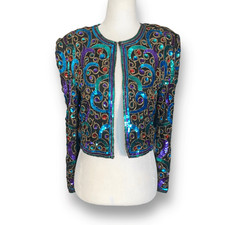 Vintage Scala Silk Sequin Beaded Collarless Jacket Jewel Tone Crop Glam Petite