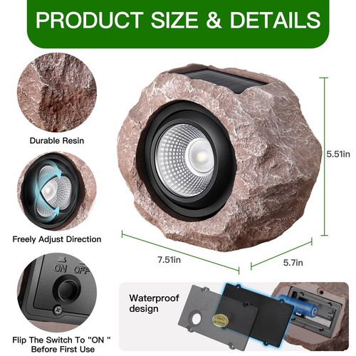 Solar Rock Lights Outdoor, 2 Pack Super Bright Solar Spot Lights Outdoor IP65... - Picture 6 of 7