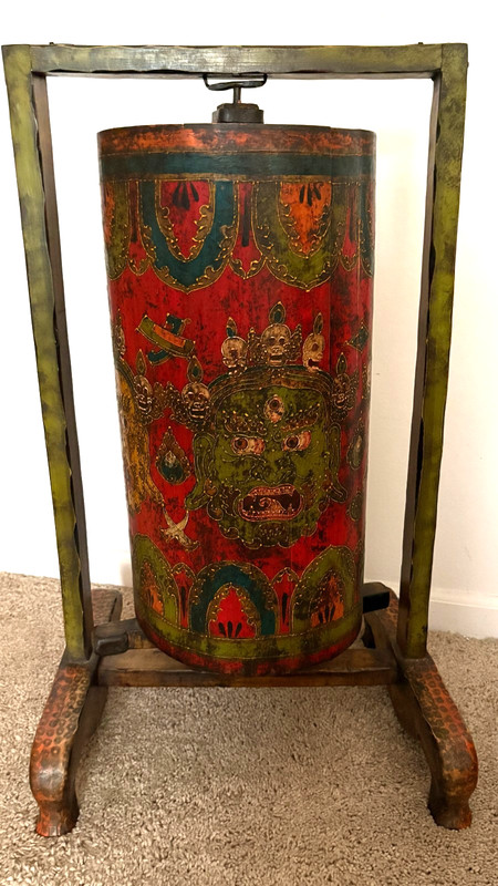 VINTAGELARGE TIBETAN PRAYER WHEEL ~ WRATHFUL MAHAKALA ~ HAND PAINTED ~ 31 x 21