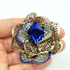 Rose flower Rhinestone Crystals brooches Blue gold pendant Gift Woman's Brooch