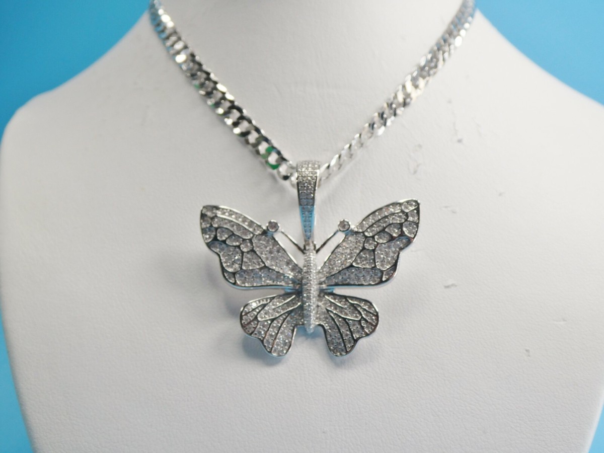 14K WHITE GOLD COLOR CHAIN AND BUTTERFLY PENDANT CHARM OVER 925