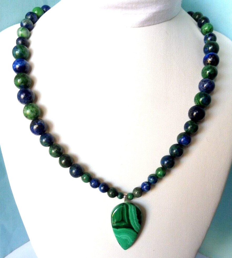 Collier azurite malachite véritable 280 carats et pendentif argent 925