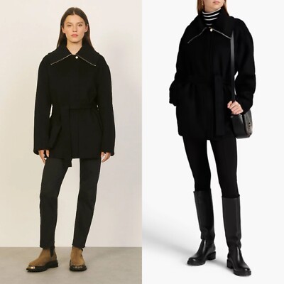 Sandro black double face felted belted zip front wool coat U.S MEDIUM / FR 38