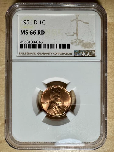 1951-D Lincoln Cent 1¢ - NGC MS 66 RD FULL RED - Gorgeous!     #016