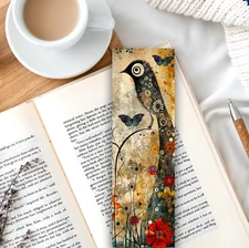 Bookmark whimsical bird with colorful flowers in tail handmade reader gift