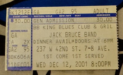 JACK BRUCE BAND - CREAM - TICKET - DECEMBER 12, 2001 - BB KING BLUES CLUB 