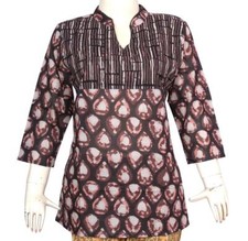 Women Short Kurta Kurti Brown Hand Block Print Cotton Indian Ethnic Tunic Top