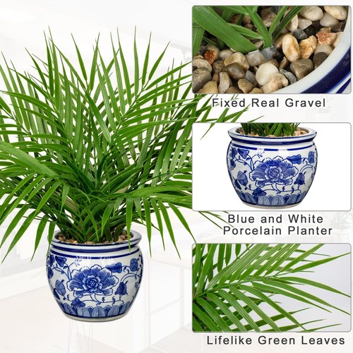 16" Large Artificial Palm Plant Faux Tropical Tree in Blue Ceramic Pot Decor - Picture 7 of 7