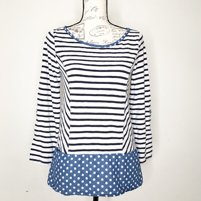Anthropologie Postmark Fairley Blue Striped Polka Dot Roll Tab Tunic Top Small