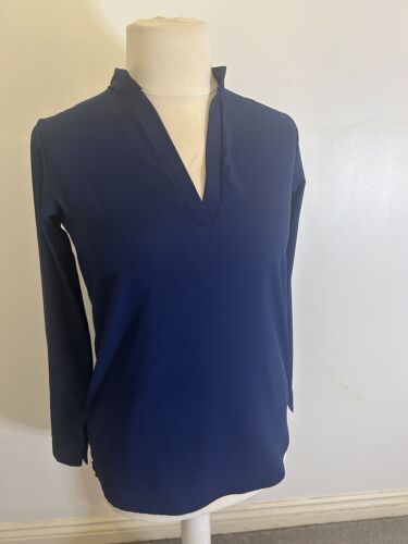 ISASSY V Neck Blouse Tunic Style Size 12-14 Medium Roll Tab Sleeves Pockets Navy - Picture 1 of 8