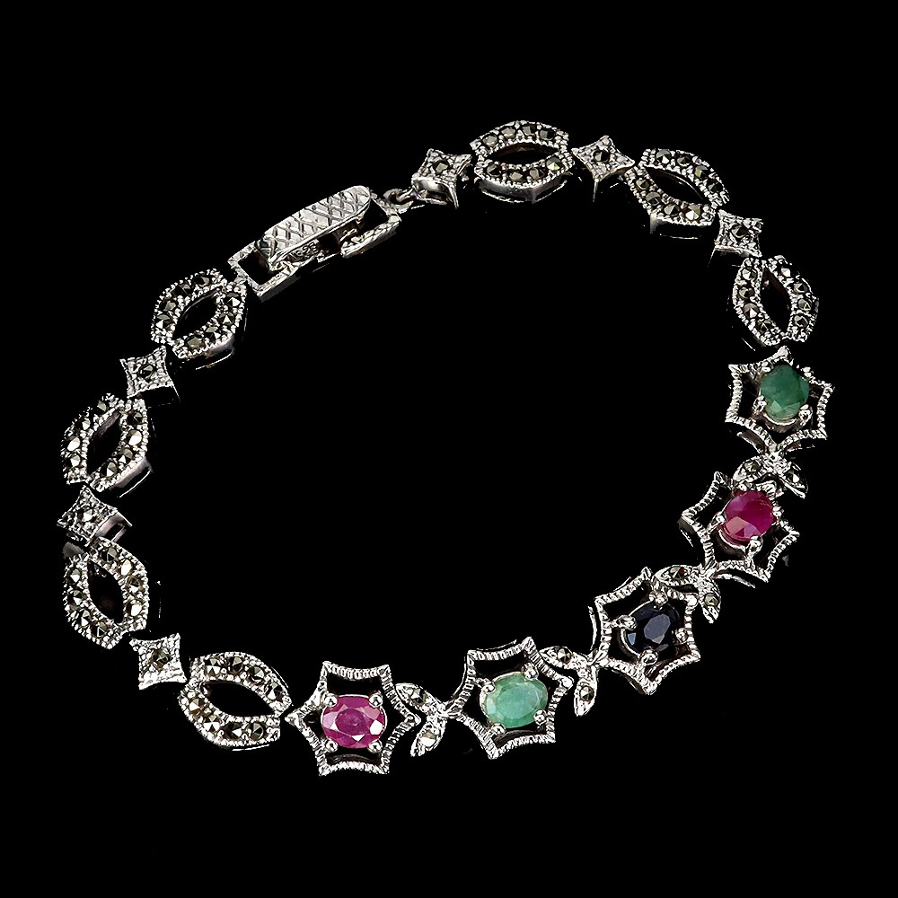 925 Sterling Silver Bracelet with Oval Ruby Emerald Sapphire Natural Gemstones